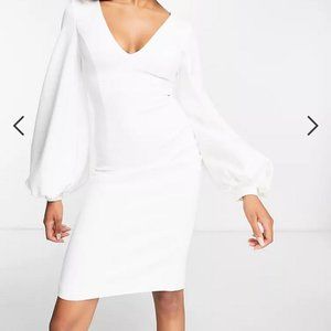 True Violet plunge balloon sleeve midi dress in white